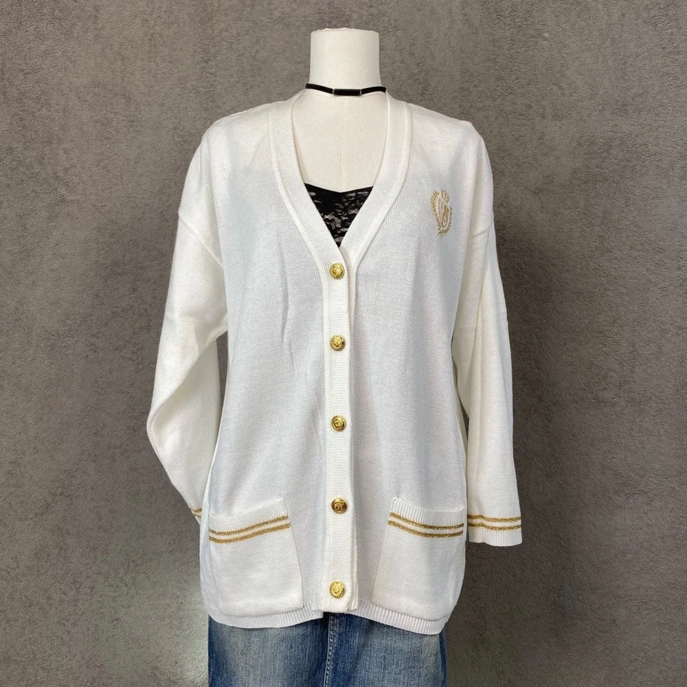 Vintage Womens Preppy Button Up Cardigan Size M Tennis Prep Old Money Crest Twee - Picture 2 of 11